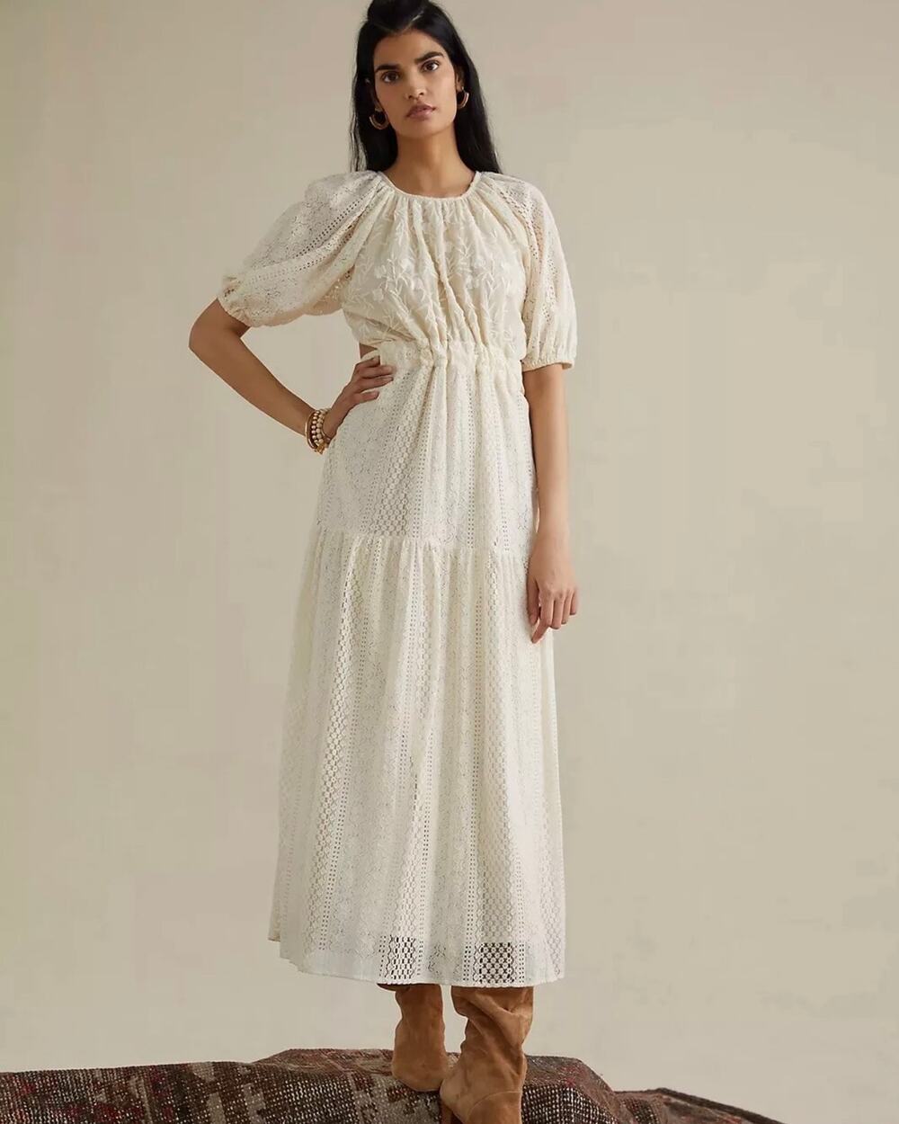 ANTHROPOLOGIE Verb Agneza Lace Embroidered Maxi Boho Dress Cream 6